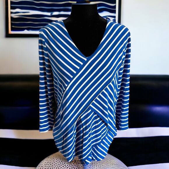 Chico's Womens Top Sz 1 M 8 Blue White Miraculous Stripe‎ Tiered Knit - Picture 7 of 13